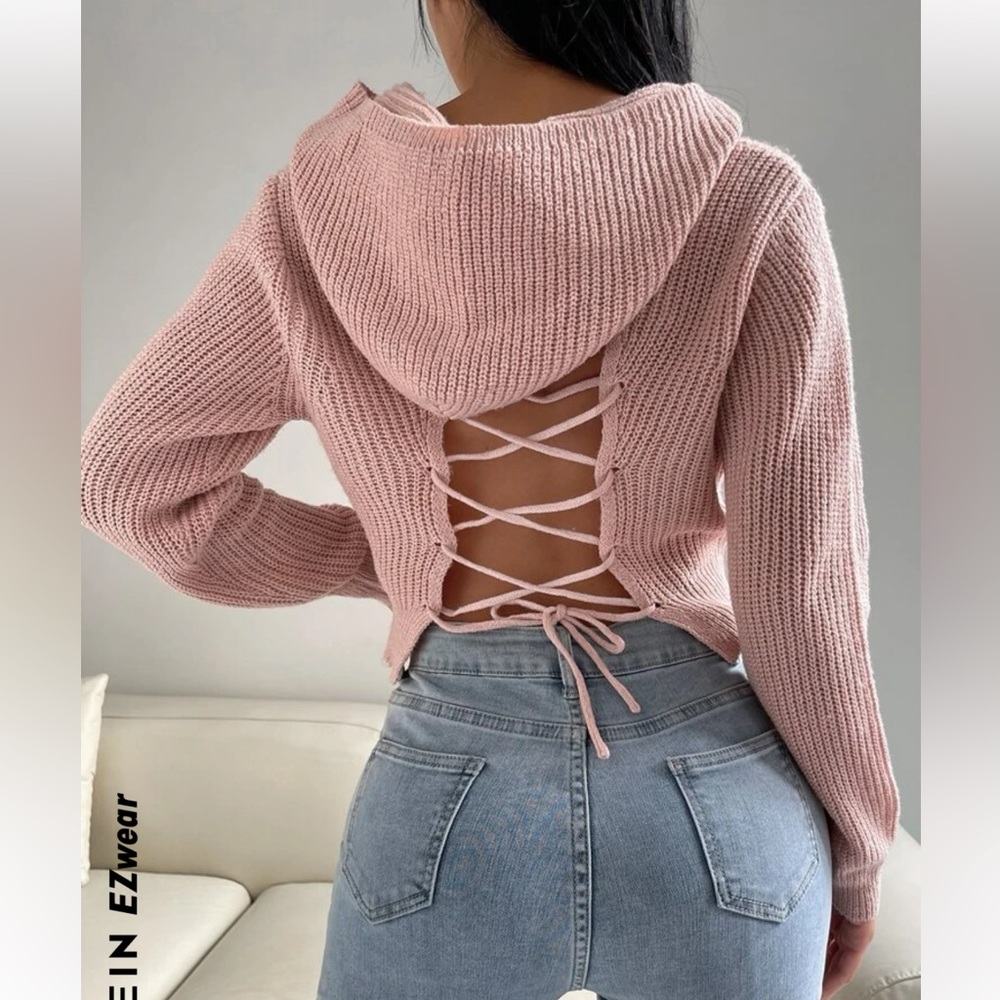 SHEIN EZwear Lace Up Back Hooded Crop Sweater